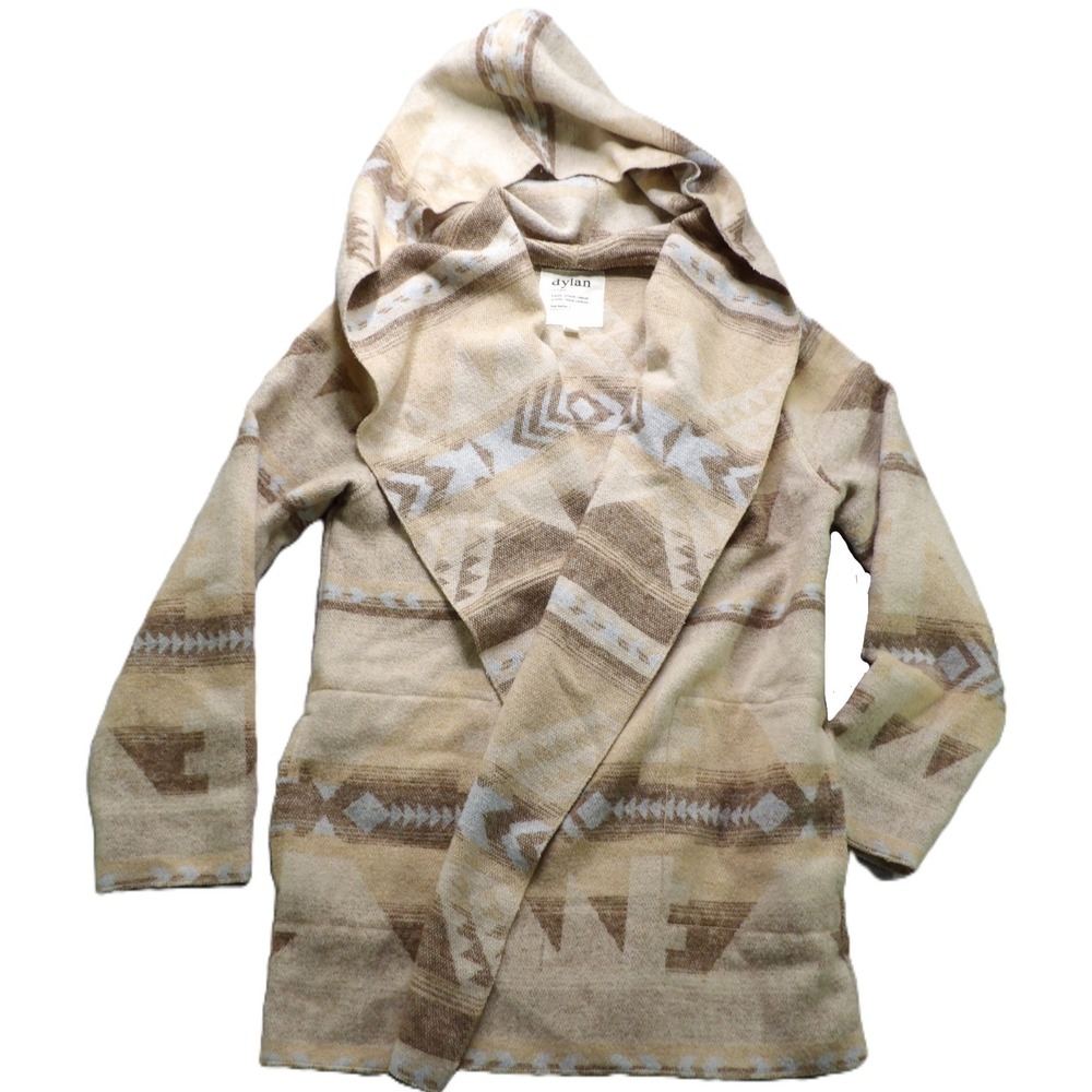 Dylan Women Southwestern Aztec Hooded Cardigan Sweater Wool Blend Tan Cream S LS